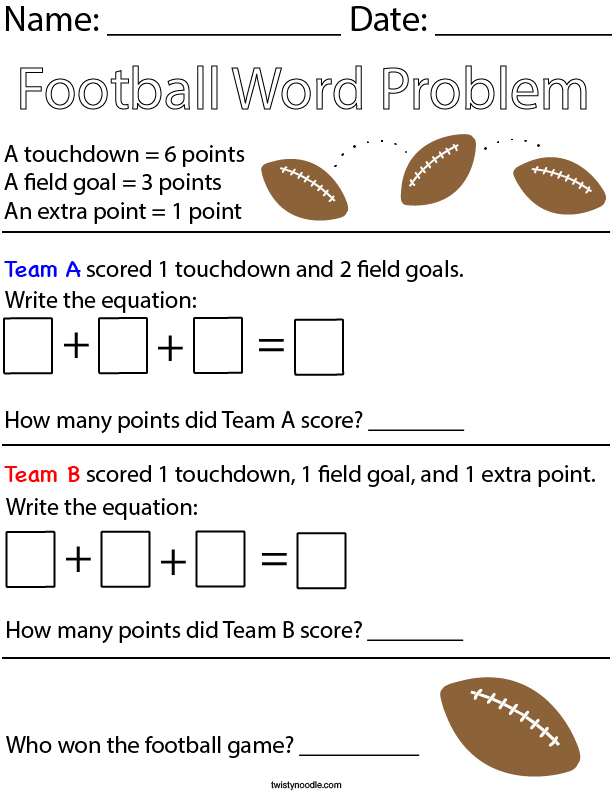 Who Won The Football Game Math Worksheet Twisty Noodle